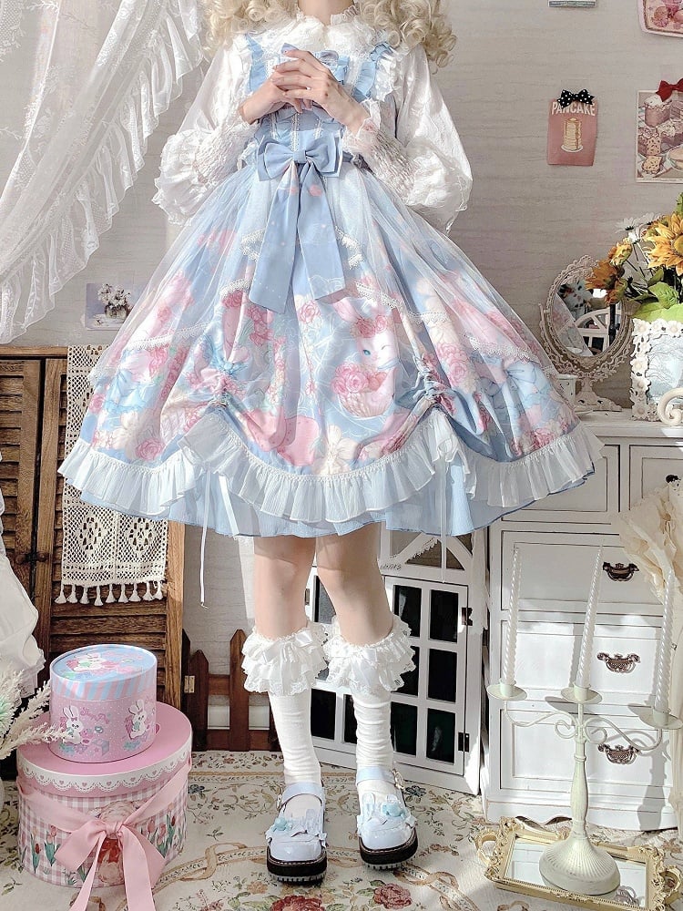 Lolita Blue Sheer Dusty Floral Tulle JSK Train Bunny with Dress Print