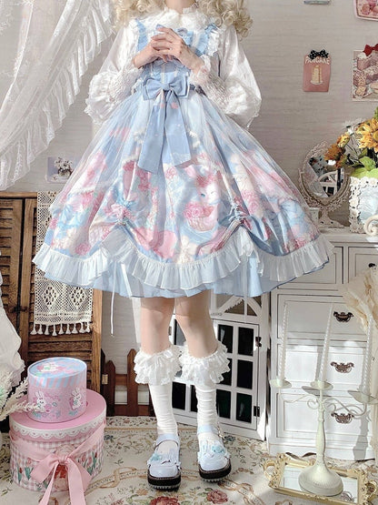 Lolita Blue Sheer Dusty Floral Tulle JSK Train Bunny with Dress Print