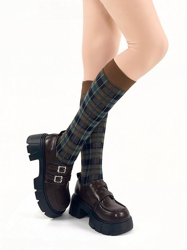 Calf Retro Striped Pattern Plaid Red Socks Khaki/Black/Wine