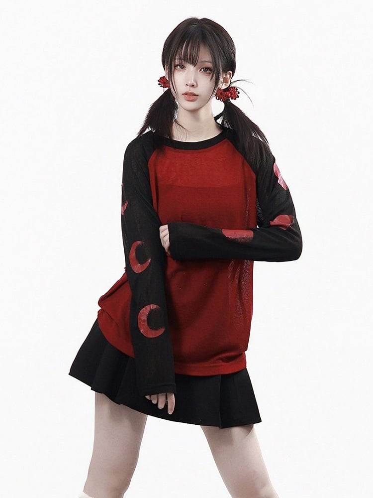 Moon Phase Print Round Neck Top - PINK SAVIOR