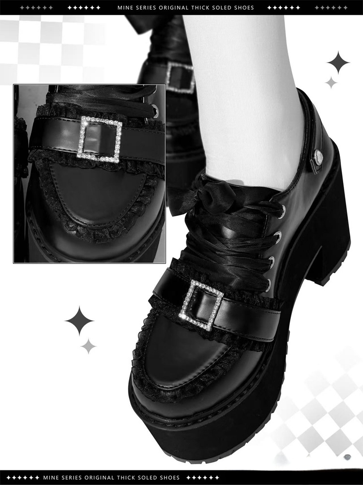 Matte Black Jirai Kei Platform Shoes | Detachable Cross Chain ，Rhinestone Buckle & Ribbon Lacing
