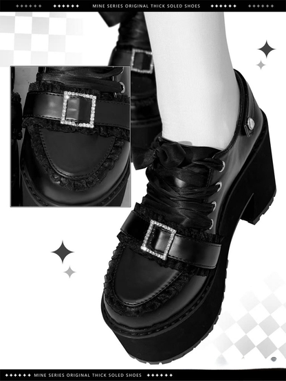 Matte Black Jirai Kei Platform Shoes | Detachable Cross Chain ，Rhinestone Buckle & Ribbon Lacing