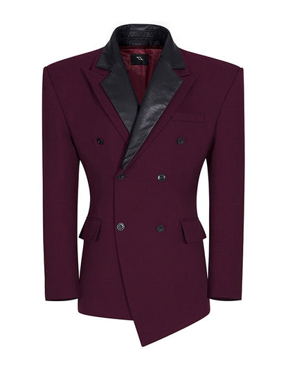 Detachable Men's Front with Placket Wine Collar Button Leather Red Blazer