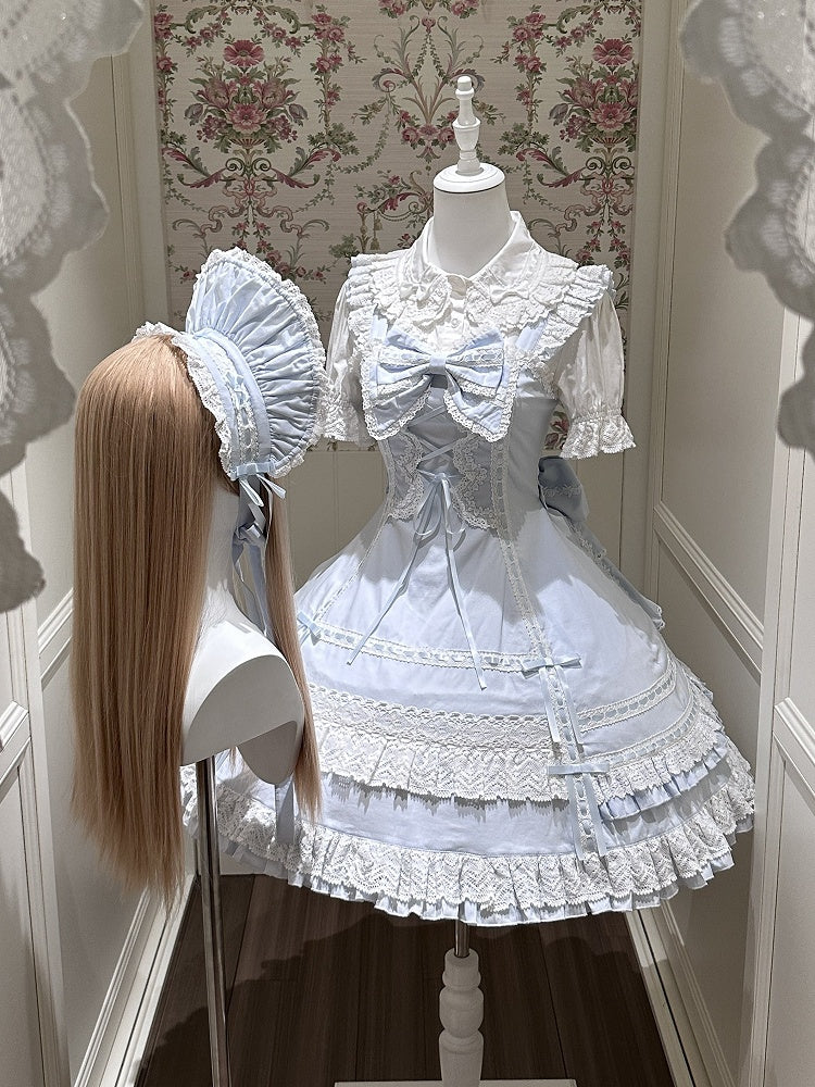 Snowfall-Themed Blue Cotton JSK Dress with Vintage Ruffle Accents