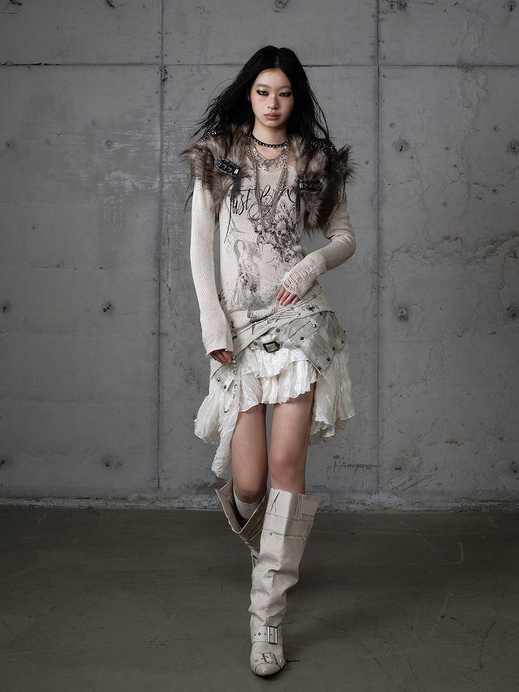 Chain with Brown Accents Vintage Faux Details Studded Vest Fur Punk