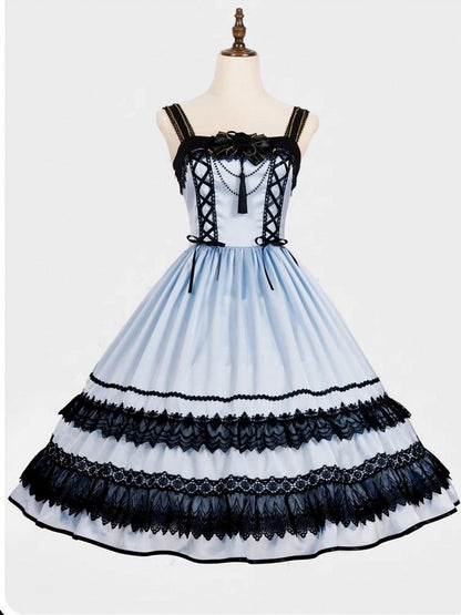 Blue and Black Elegant Chinoiserie Style Dress + Boned Corset Belt + Tassels Overlay Qi Lolita JSK Set