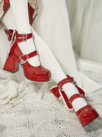 High-heel Buckle in Red 9cm Shoes Lolita Polished Elegant Heart-shaped Heeled with