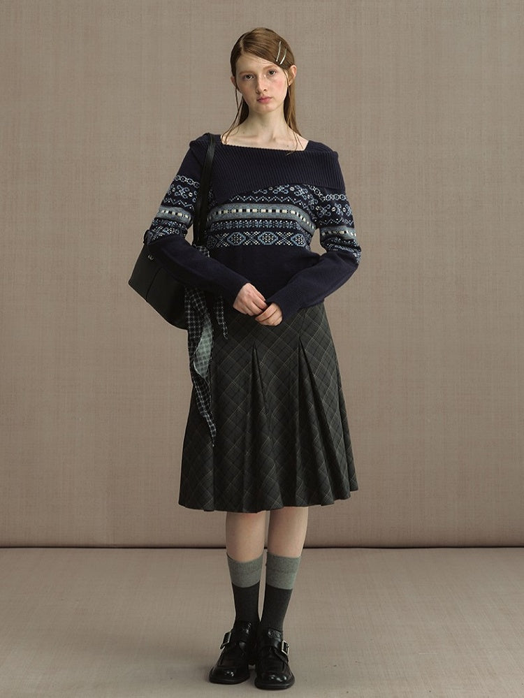 Gray/Blue Asymmetric Off-Shoulder Knit Sweater with Jacquard Details