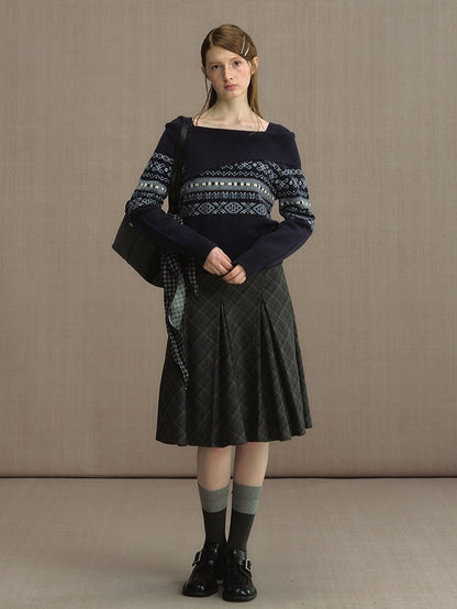 Gray/Blue Asymmetric Off-Shoulder Knit Sweater with Jacquard Details