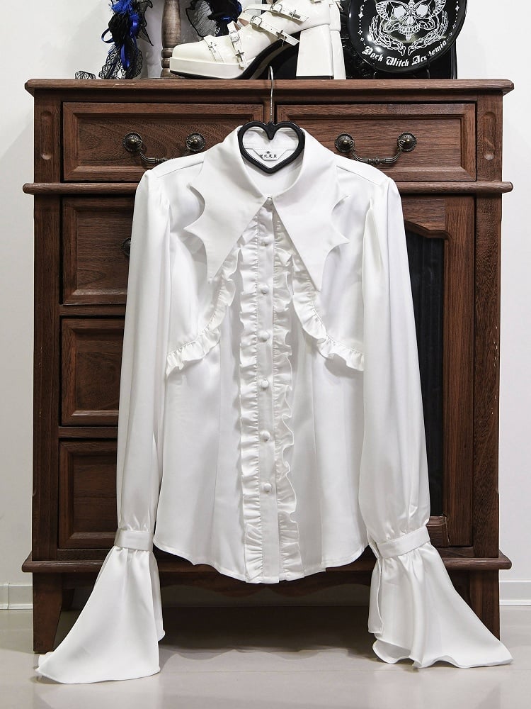 White Lolita Bat-Wing Ouji Collar Satin Gothic Shirt Ruffled Curved with