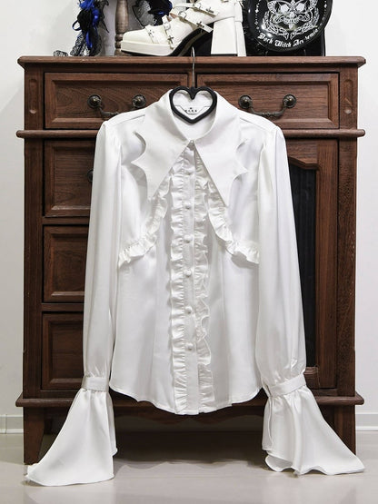 White Lolita Bat-Wing Ouji Collar Satin Gothic Shirt Ruffled Curved with