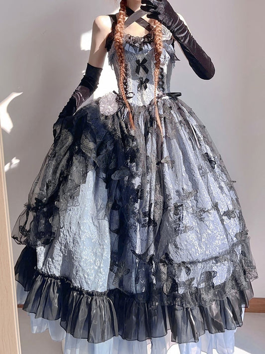 Details Floral Embossed Black Hanayome-style with Blue Lace and Dress Hime Bow Dark Lolita