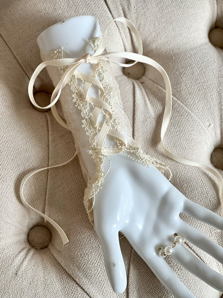 with Flower Black/Apricot/White Lace Wrist Gothic Bead Cuffs and