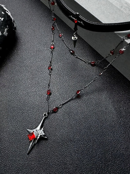Gothic Black & Red Cross Choker with Beads - YSHXS