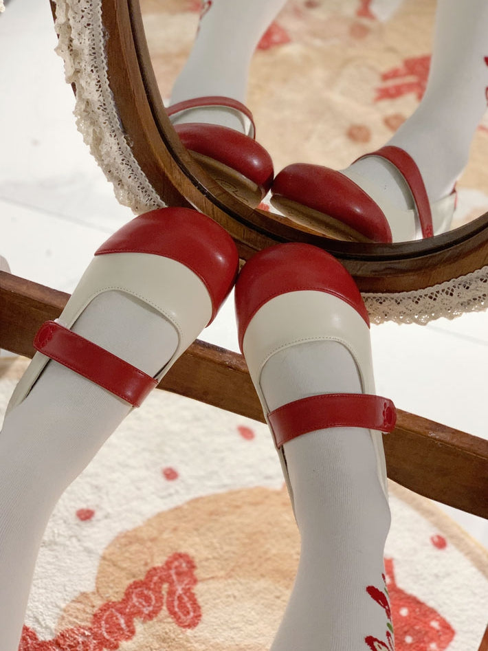 Sweet Flat Velcro Shoes Strap Bear Beige Details Lolita Red Closures