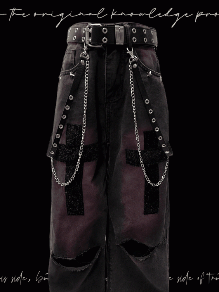 Studded Y2K Black and Purple Cross Applique Straight-Leg Jeans Distressed Holes Glamorous