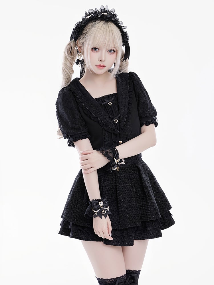 Jirai Kei Sailor Collar Black Rhinestone Short Sleeves Blouse Sweetheart Bowknot and Decorations