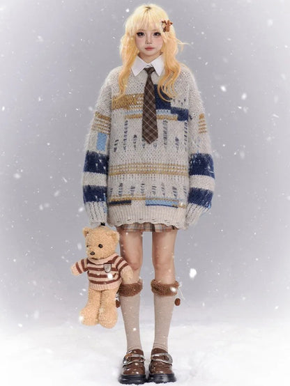 コーヒー/アプリコット パッチワーク ディストレスホールズ ルーズセーター