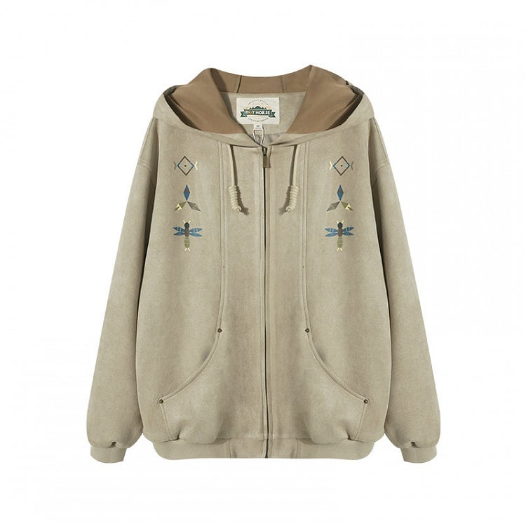 Beige Trim Hoodie Drawstring Print with Hood Ribbed Vintage