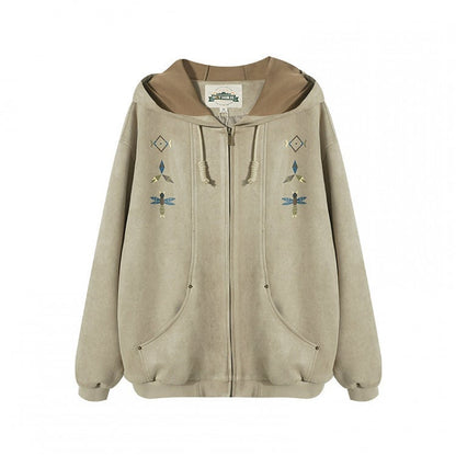 Beige Trim Hoodie Drawstring Print with Hood Ribbed Vintage