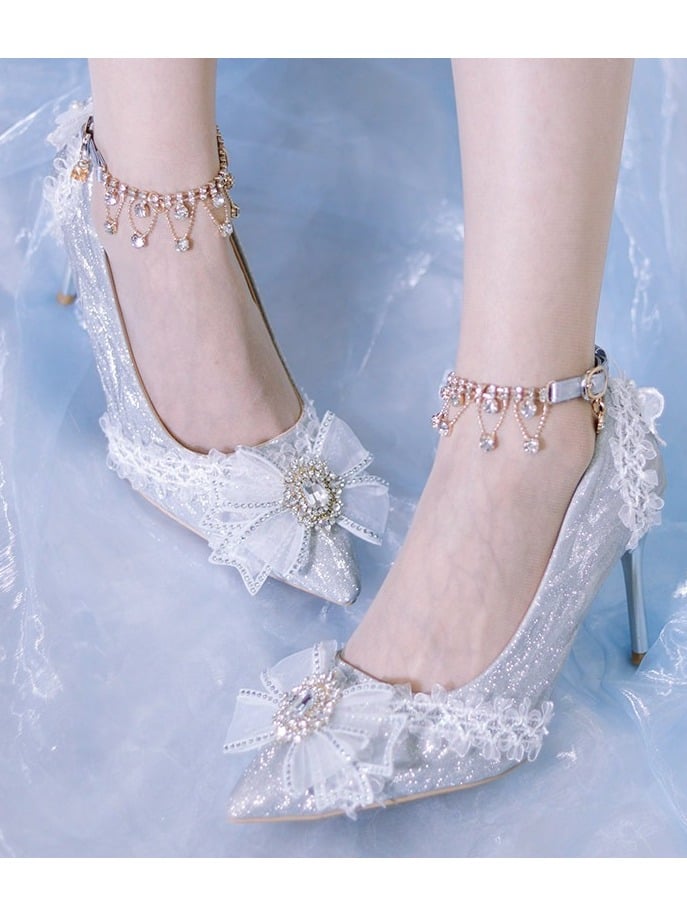 Silver Pointed Toe Heels with Crystal Details - One Night Language