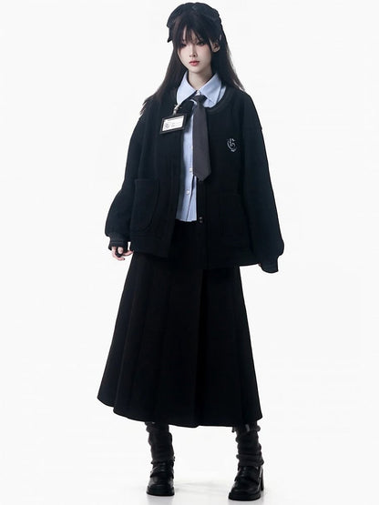 with Embroidered Lining - Black Cardigan Knit Collegiate Style Crest Fleece