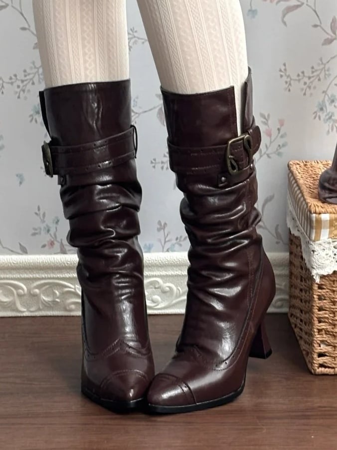 Dark Brown PU Elegant Lolita Stacked Boots Slip-In Pointed Toe Foldable Cuff Buckle Accents - Dita Lolita Shoes