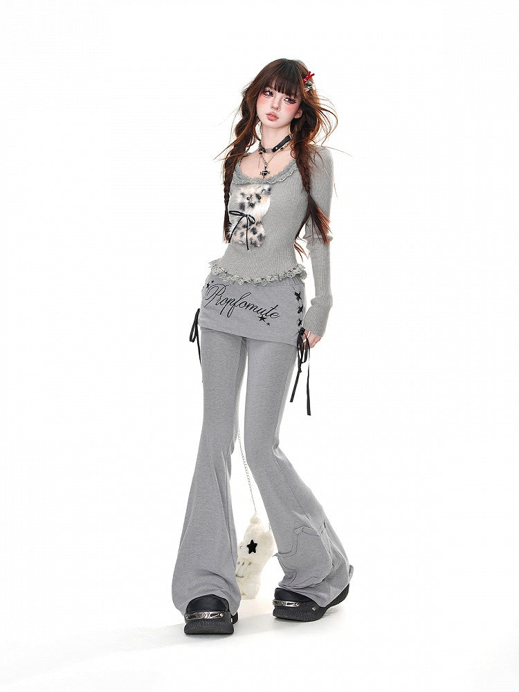 Glamouröses schwarz/grau/weißes Acubi Fashion Ausschnitt Saum Rüschen Plüsch Welpen Stricktop Entzückend und