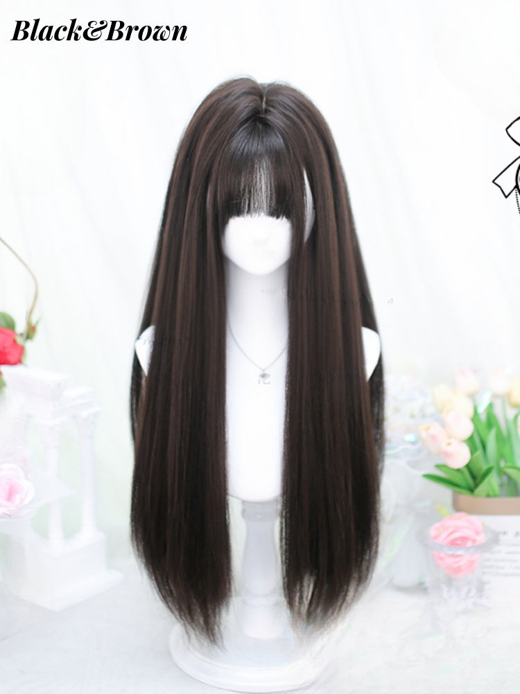 Schwarze/schwarze Tee/braune, glatte Unterbrustperücke mit Pony