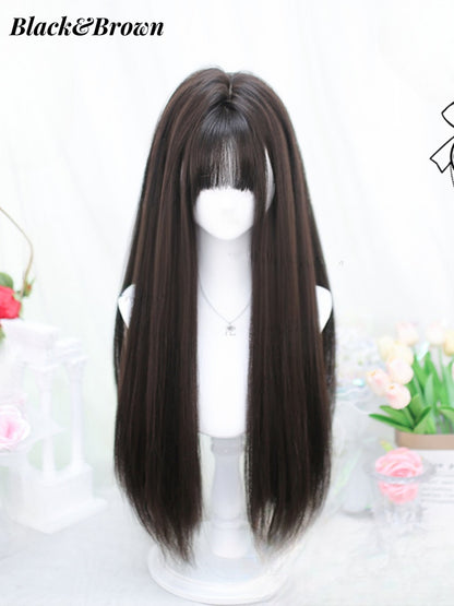 Schwarze/schwarze Tee/braune, glatte Unterbrustperücke mit Pony