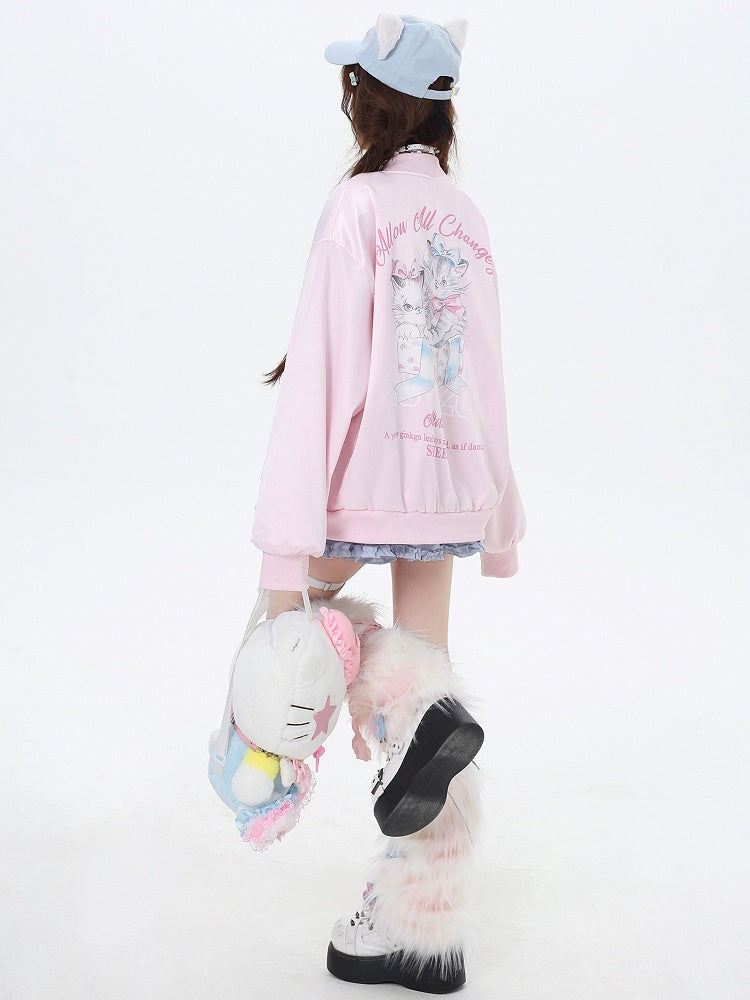 Light Blue/Pink Cats Spring Baseball Jacket