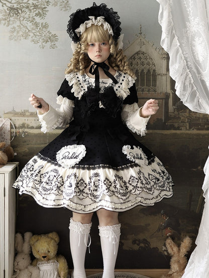 Rabbit Detachable Sleeves Pattern Dot Sweet + Black Polka with Dress Bonnet Sweetheart Set Appliques Lolita