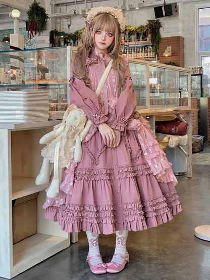 Floral Overdress Lolita Pattern Pink with Bunny Hood Ear Ruffled
