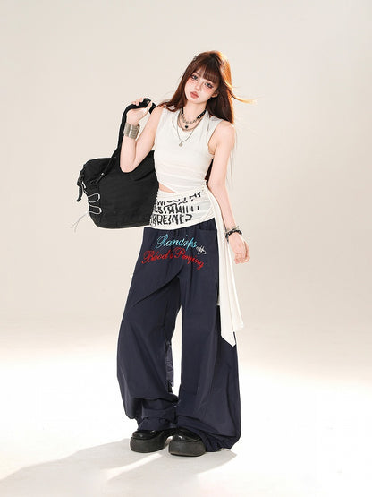 Navy Blue Drawstring Waist Letter Embroidery Wide-leg Casual Pants