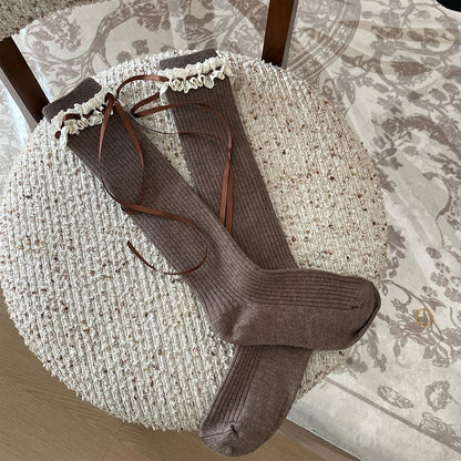 with Warm Colors Bowknot Socks Trim and Straps Calf Lace 5