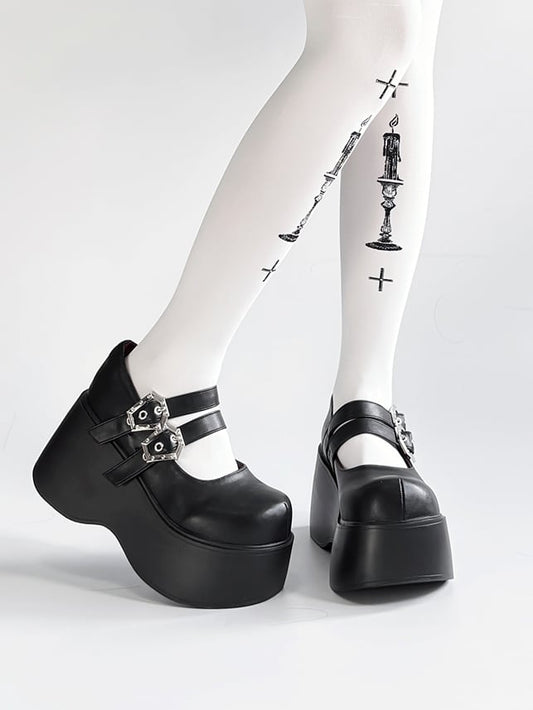 Platform Coffin PU with Shoes Clasp Matte Ornate in Black