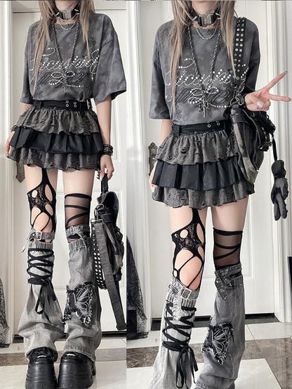 Beaded Punk Cross Short Gray Print with Tie-Dye T-shirt Lettering Sleeve