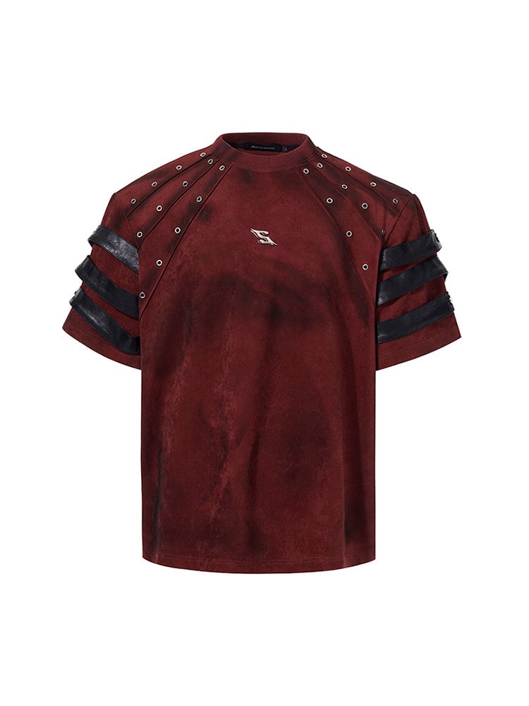 Design Rivet Leather Tee Round Neck with Panel Shoulder-padded Men's Detail Black