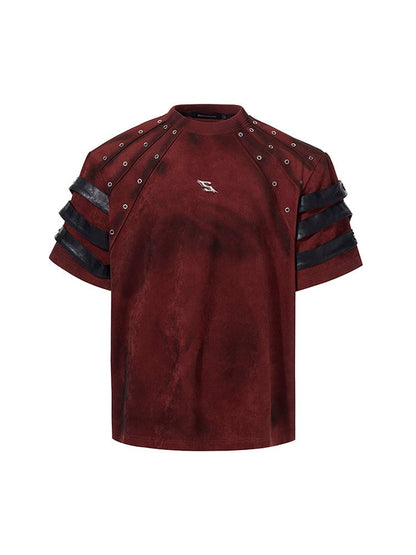 Design Rivet Leather Tee Round Neck with Panel Shoulder-padded Men's Detail Black