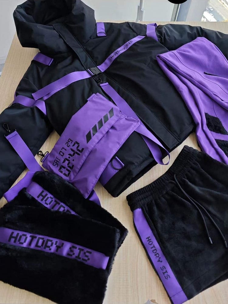 Jacket Purple Cyberpunk - Puffer with Tactical Jirai Straps Black Base Kei