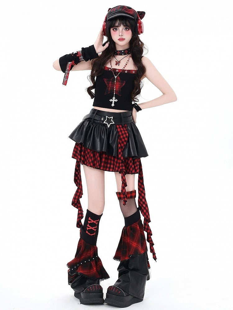 Red Belt Trim Black Ruffle Gray/Black - Y2K Cascading Set Skirt Bittersweet Star