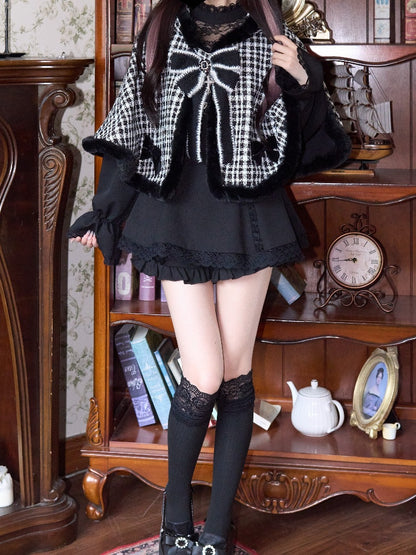 Plush Black White Plaid Cape Kei Kitty Ears Design Jirai Hood Bow Free Brooch with Trim