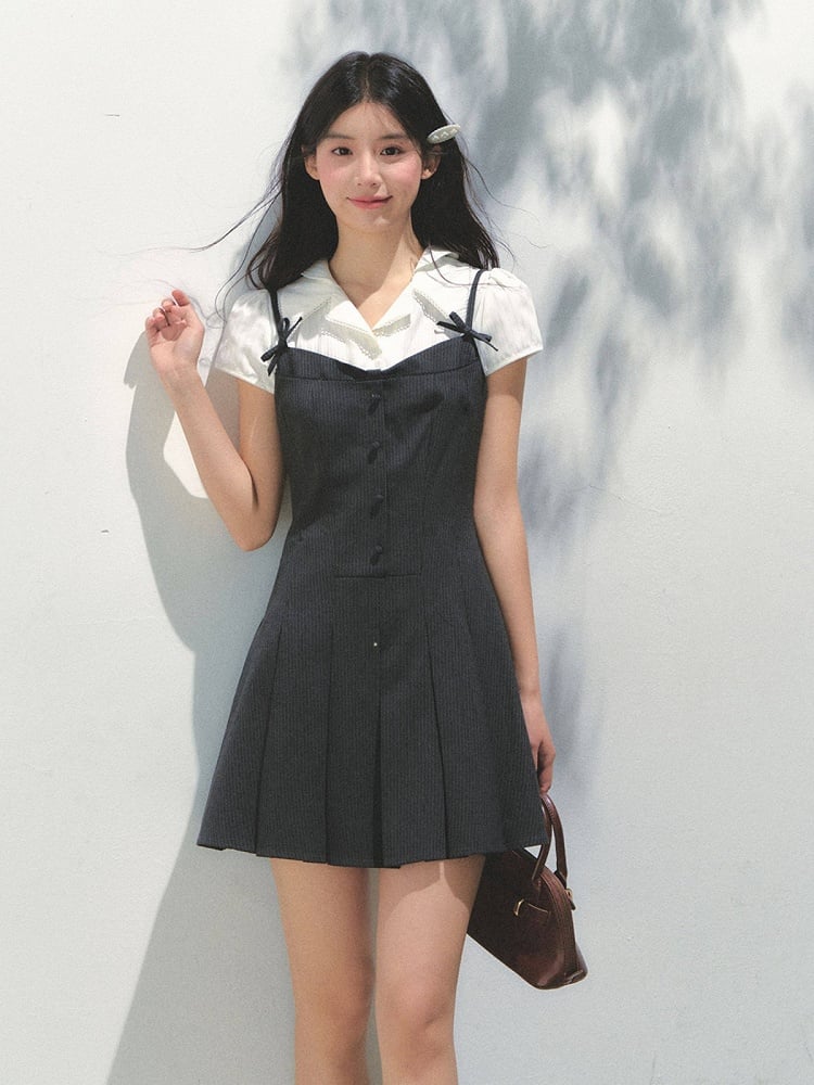 Dark Dress Elegant Bow Gray Details with Fake Two-Piece