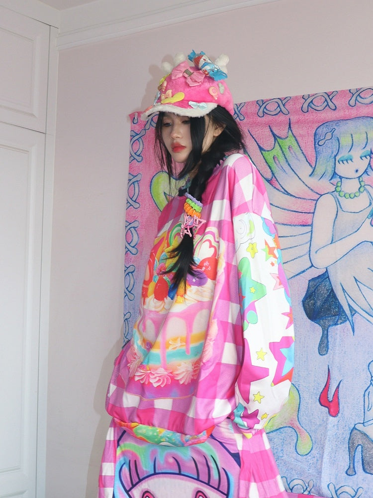 Y2K Pattern Plaid Cake Colorful Print Sweatshirt