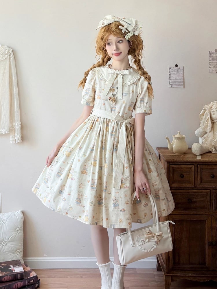 Sweet Print Beige Version Sleeves Bear Short Lolita Dress