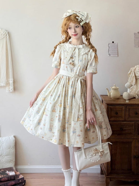 Sweet Print Beige Version Sleeves Bear Short Lolita Dress