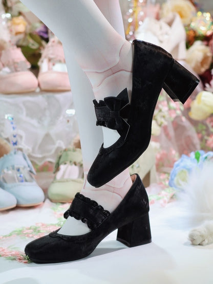 Slip-On Scalloped with Elegant Lolita Ornate - Bows Edging Design in Black Easy Ballet Shoes Decorative