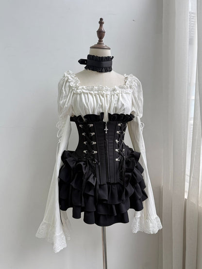 Lace-Up Boned Corset with Ruffle Details in Black - Moonveil Manuscript