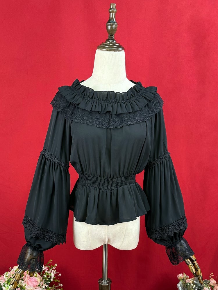 ブラックの伸縮性のあるネックラインのシフォンブラウス、スモック加工の伸縮性のあるウエスト