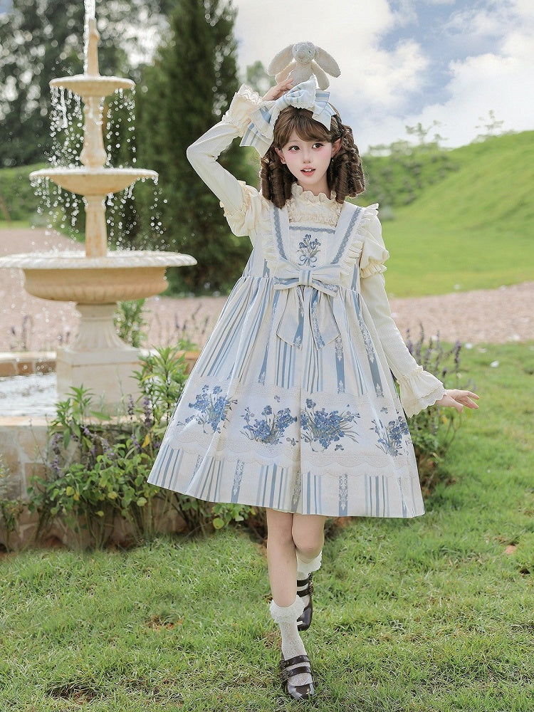 Blue & White Striped Floral Embroidered JSK Set with Knit Top, Belt & KC - With PUJI